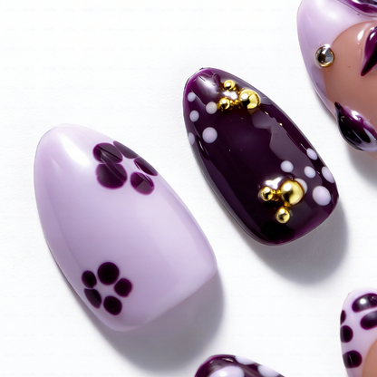 Lilac Wild – Lavender Purple Short Almond Press-Ons with Leopard Print & 3D Floral Accents