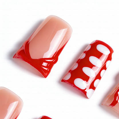 Crimson Bow – Nude & Red Short Duck Press-Ons with 3D Bow & Lace Accents