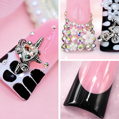 Sugar Bite – Sweet Pink Long Duck Press-Ons  with Pearl Bow & Rhinestone Charm