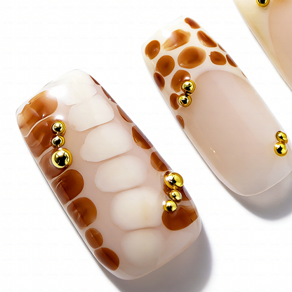 Caramel Spot – Nude Brown Short Square Press-Ons with Leopard Print & Gold Bead Accents