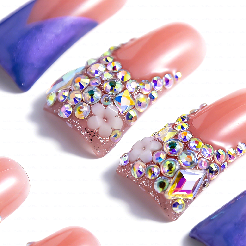 Lavender Blossom – Pink & Purple Long Duck Press-Ons with Crystal & Floral Accents