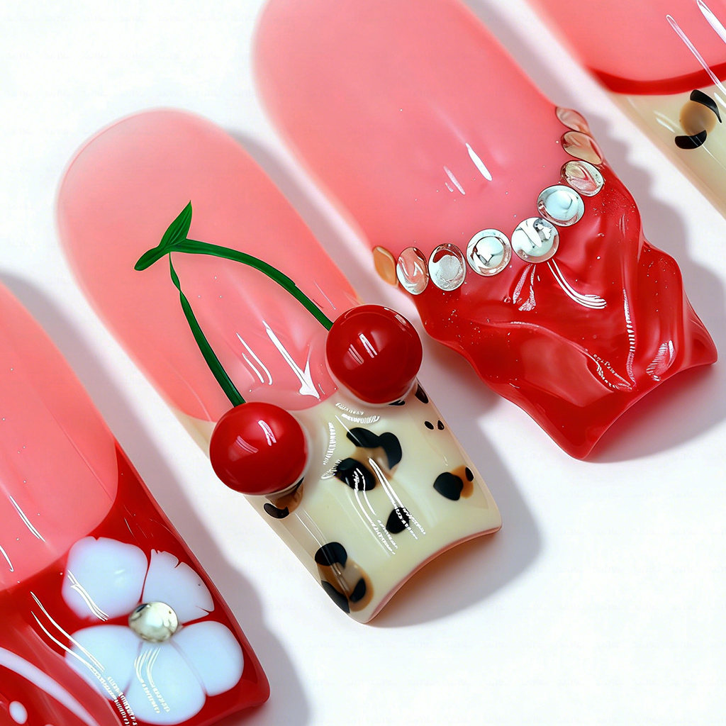 Cherry Leopard-Red & Nude Medium Square Press-Ons with 3D Cherry & Leopard Print Accents