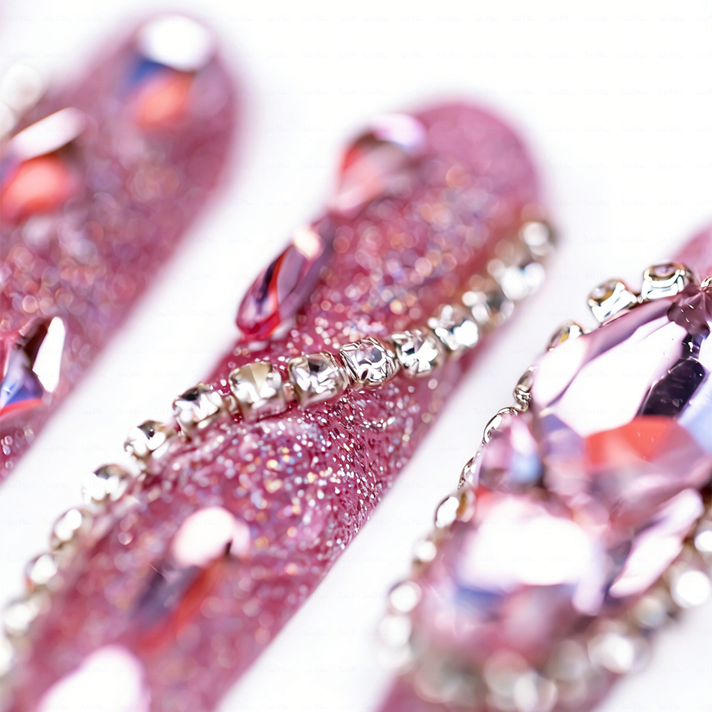 Pink Glitz Twist – Glitter Pink Stiletto Press-Ons with Rhinestone Swirls