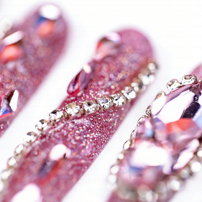 Pink Glitz Twist – Glitter Pink Stiletto Press-Ons with Rhinestone Swirls