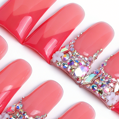 Coral Ombre Bling  Pink & Red Long Duck Press-Ons with Iridescent Rhinestone Accents