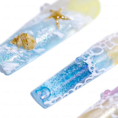 Beach Wave Pastel Rainbow Long Square Water Press-Ons with Hand-Painted Ocean & Starfish Accents