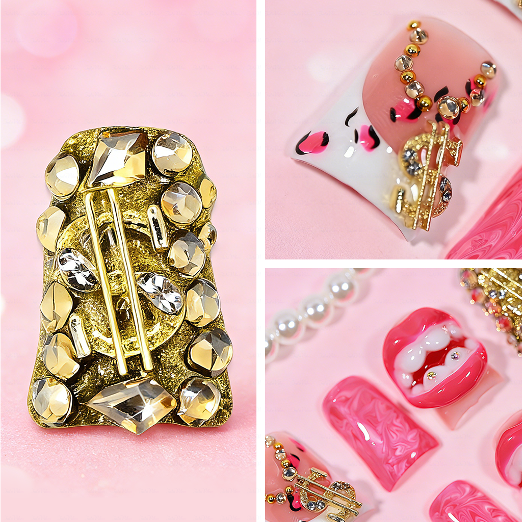 Baddie Lip – Hot Pink Short Duck Press-Ons with 3D Lip & Dollar Sign Charms