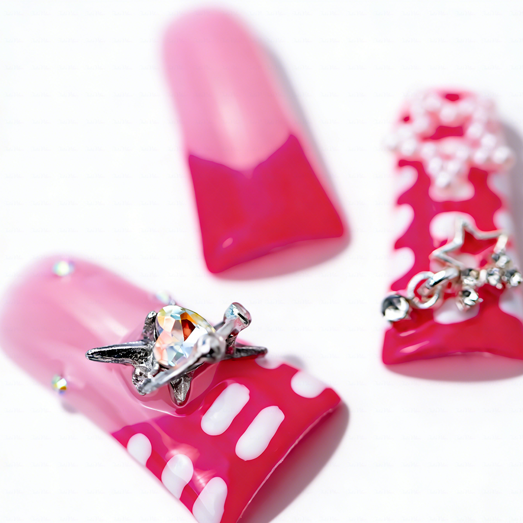 Bubblegum Glam – Pink Ombré Long Duck Press-Ons with Star & Bow Accents