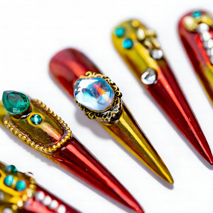Royal Gala – Red & Gold Stiletto Press-Ons with Crystal & Pearl Accents