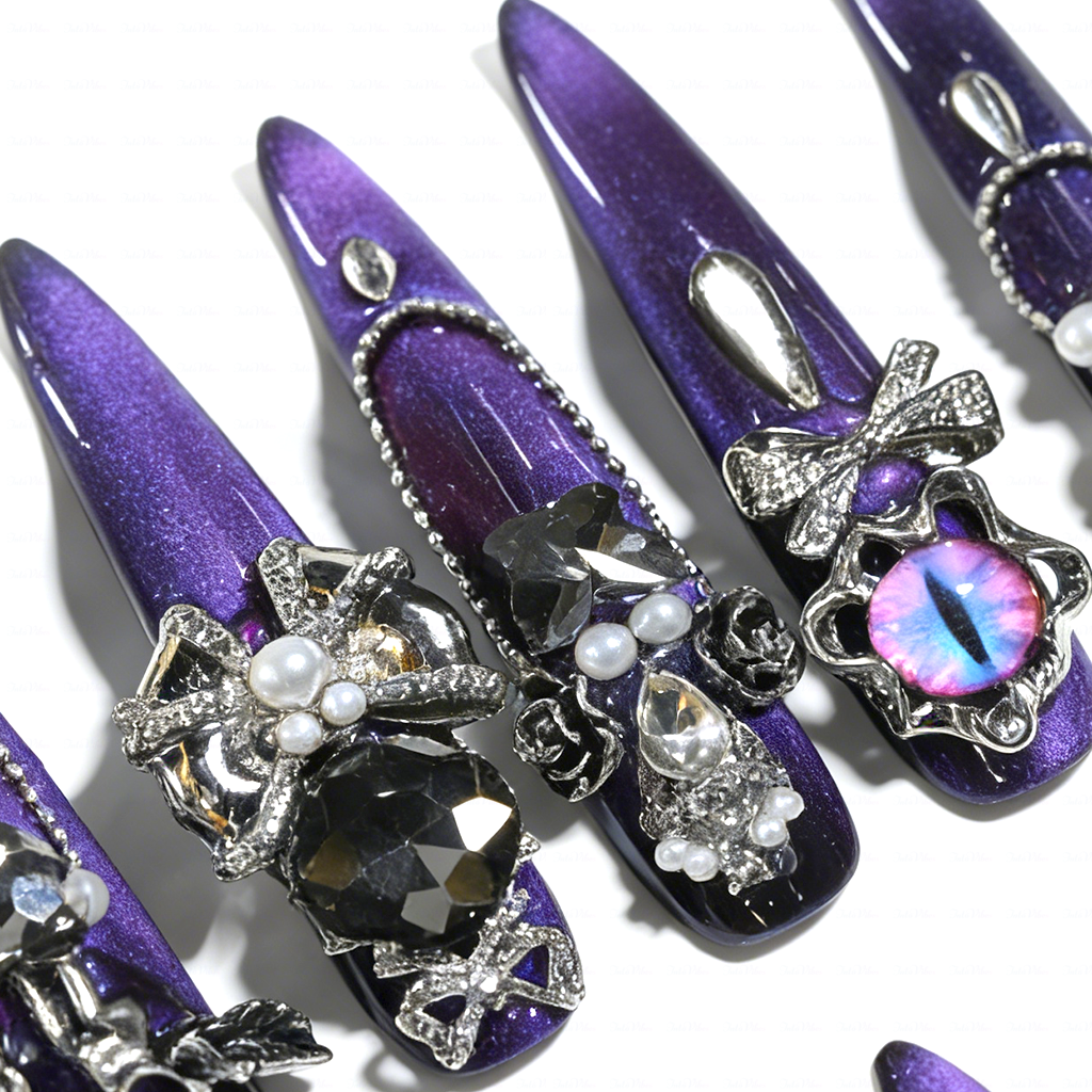 Noir Amethyst – Satin Purple Stiletto Press-Ons with Dark Crystal & Chain Charms