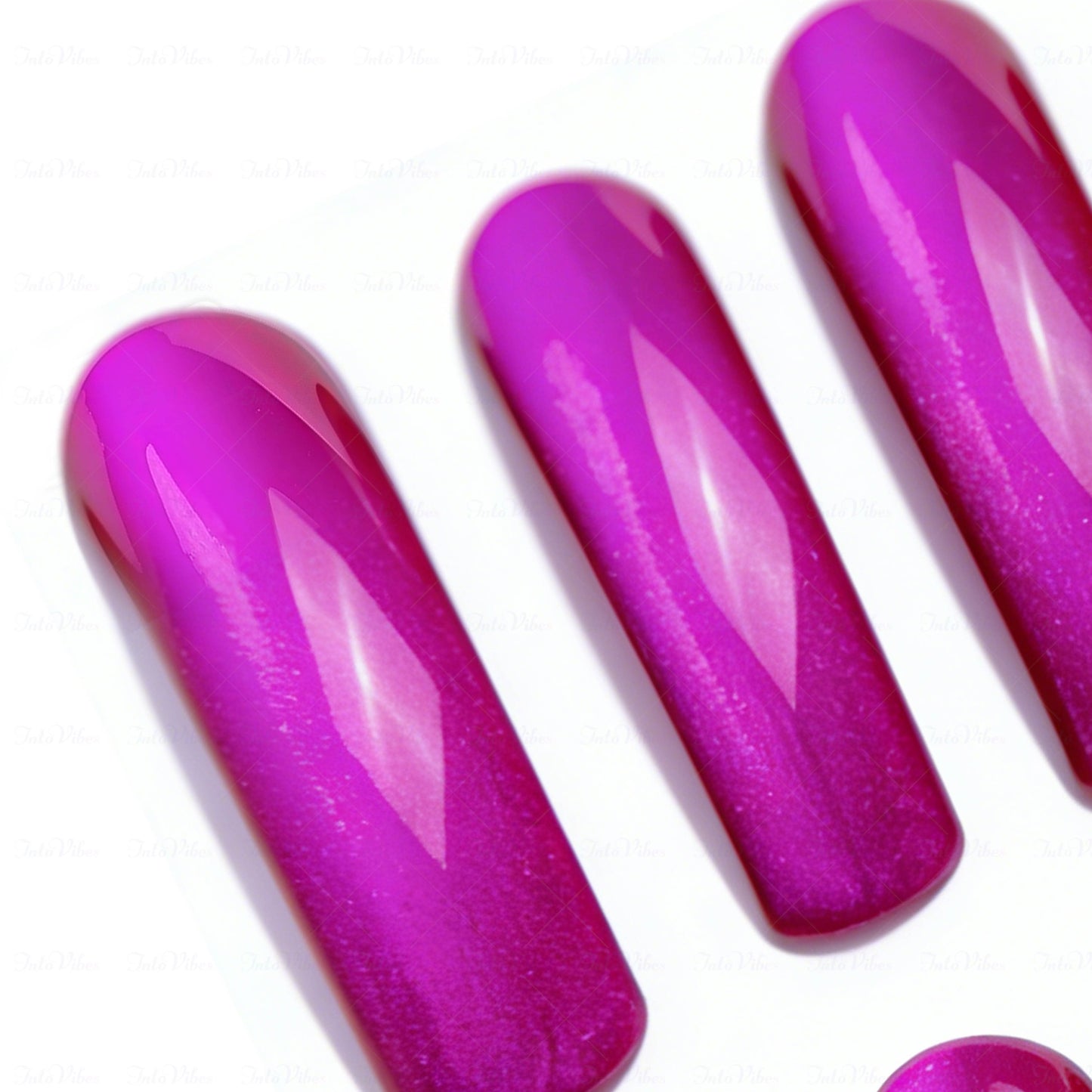 Magenta Glow-Fuchsia Pink Long Downward Curved Press-Ons with Magnetic Cat Eye Gloss Finish