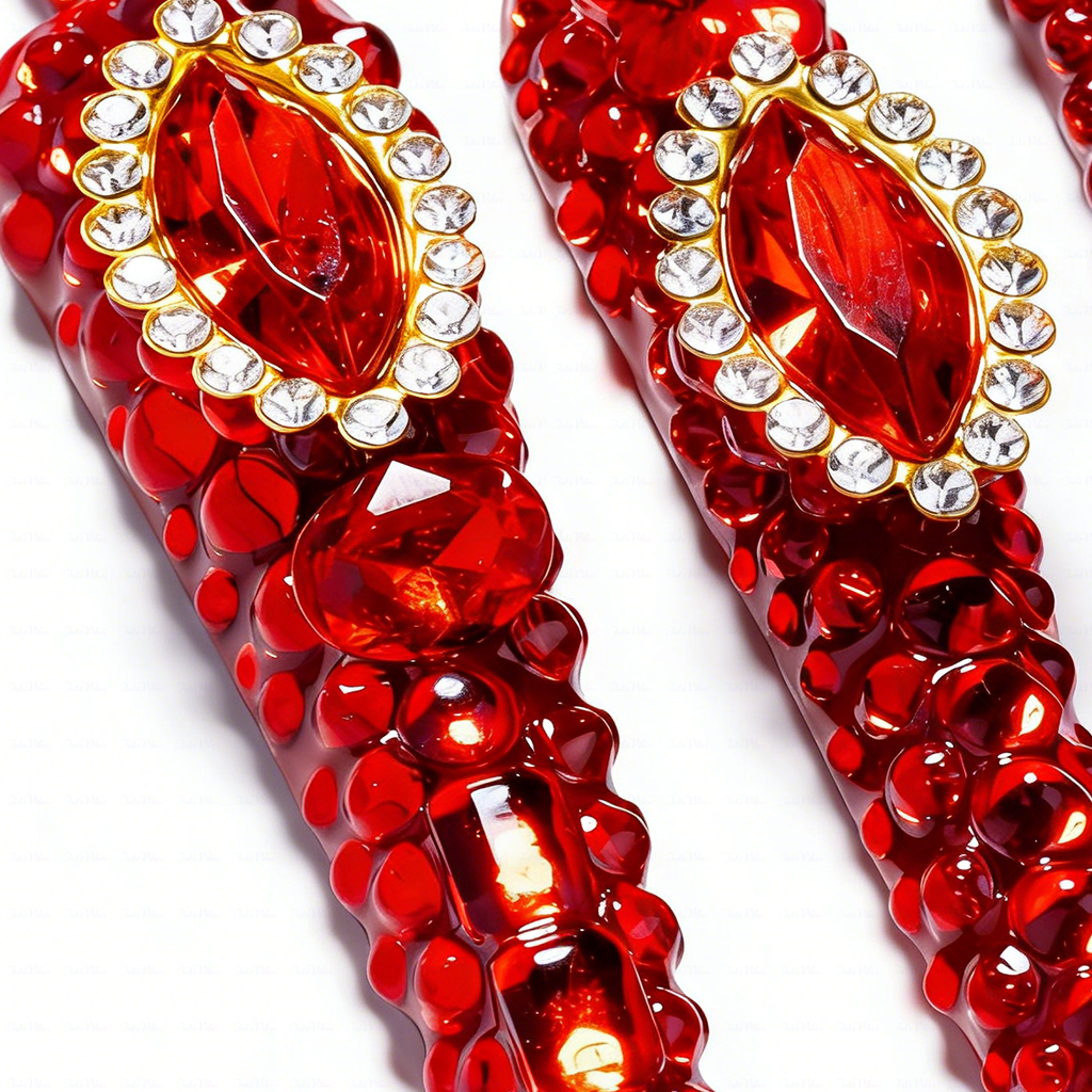 Ruby Royale – Crimson Red Long Stiletto Press-Ons with Rhinestone Halo, Heart Gem & Gold Bow Charms
