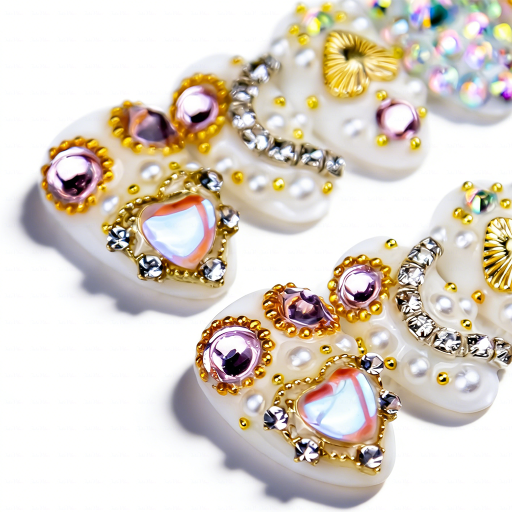 Pearl Glitz – Milky White Short Almond Press-Ons with Heart Gem & Full Rhinestone Accents