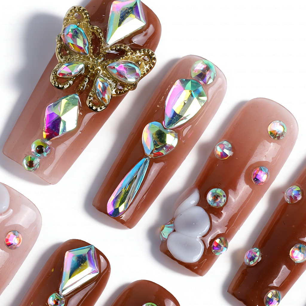 Butterfly Glow Nude Brown Medium Square Press-Ons with Gold Butterfly & Iridescent Gem Accents