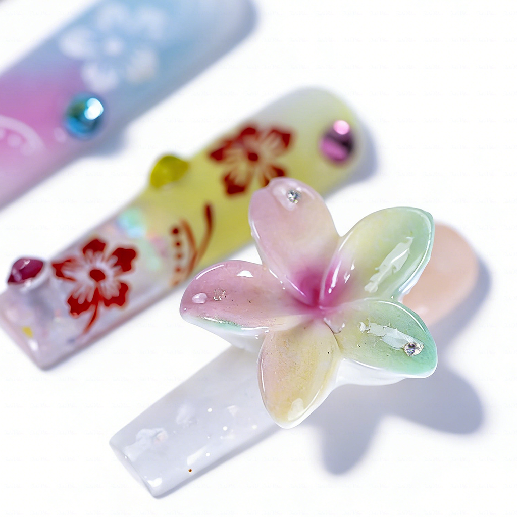 Tropical Fruit-Pastel Multi-Color Long Square Water Press-Ons with Hand-Painted Fruit & 3D Floral Accents