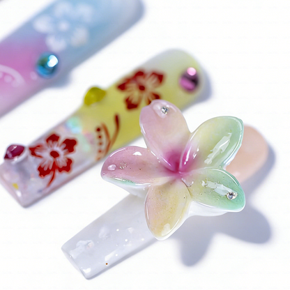 Tropical Fruit-Pastel Multi-Color Long Square Water Press-Ons with Hand-Painted Fruit & 3D Floral Accents