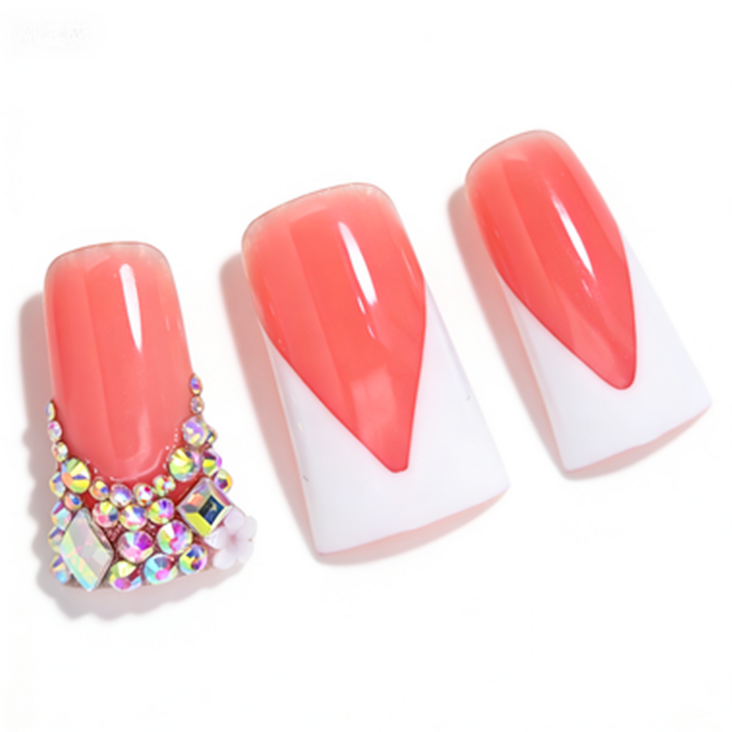 White V French – Nude & White Long Duck Press-Ons with Iridescent Rhinestone Accents