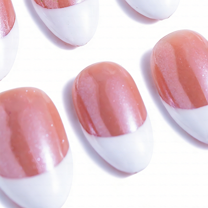 Nude Shimmer French – Soft Nude Pink Short Almond Press-Ons with Classic White French Tips