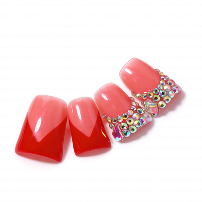 Ruby V French-Nude & Red Short Duck Press-Ons with V-Tip & Iridescent Rhinestone Accents