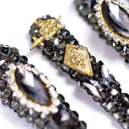Noir Bling – Gunmetal Black Long Stiletto Press-Ons with Full Rhinestone & Vintage Gold Accents