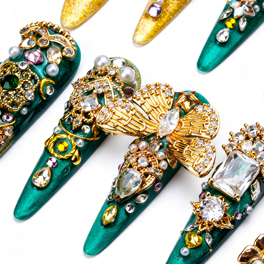 Made-to-Order | Emerald Royal Baroque – Green & Gold Long Stiletto Press-Ons with Vintage Gem Charms