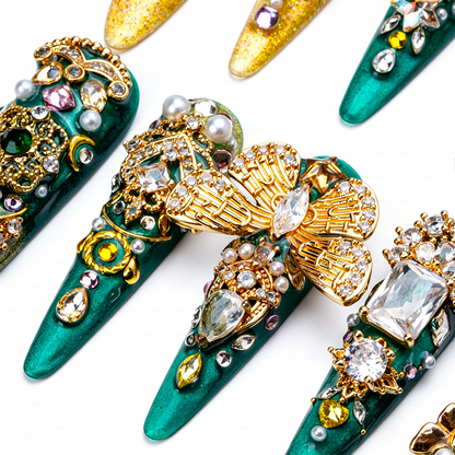 Made-to-Order | Emerald Royal Baroque – Green & Gold Long Stiletto Press-Ons with Vintage Gem Charms
