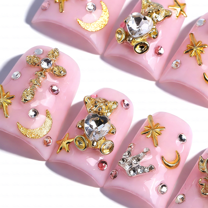 Magic Babe-Baby Pink Short Duck Press-Ons with 3D Bear & Magic Wand Charms