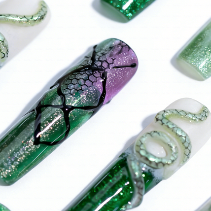 Snake Scale  Green & Purple Long Square Water Press-Ons with 3D Snake & Cracked Print Accents