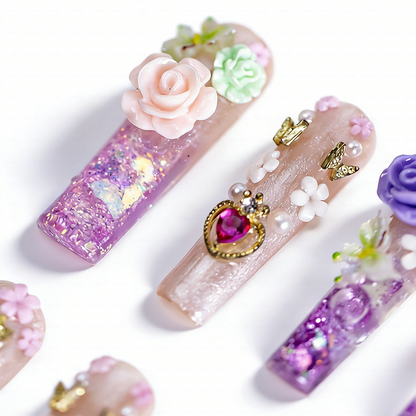 Rose Fairy  Nude & Purple Long Square Water Press-Ons with 3D Rose & Butterfly Charms
