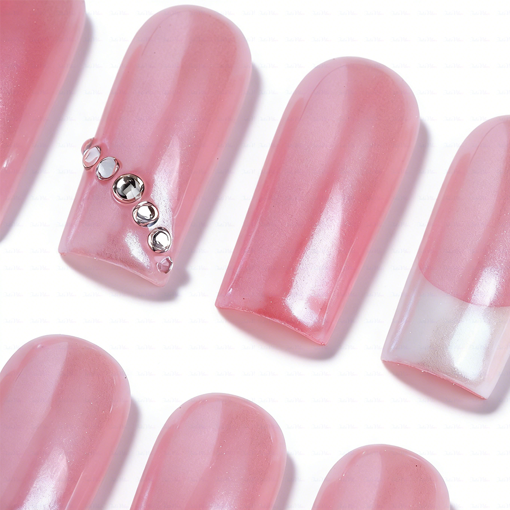 Aurora Blush – Pink & White Medium Square Press-Ons with Crystal Accents