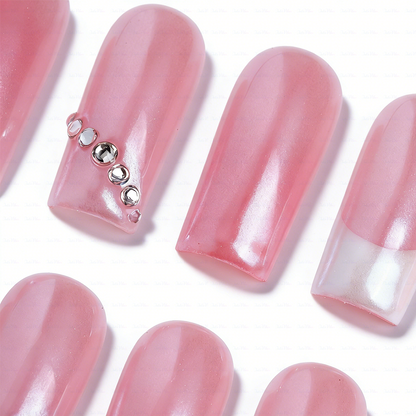Aurora Blush – Pink & White Medium Square Press-Ons with Crystal Accents