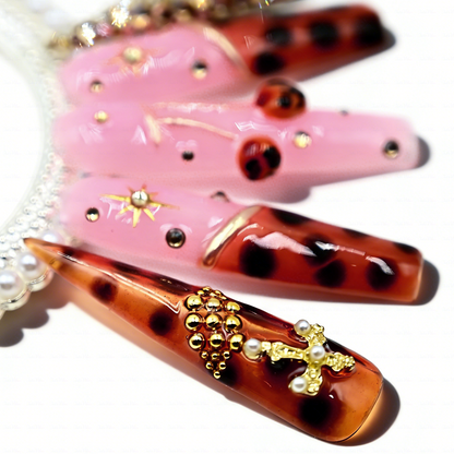 Tortie Cherry – Long Stiletto Press-Ons with Tortoiseshell & Cherry Accents