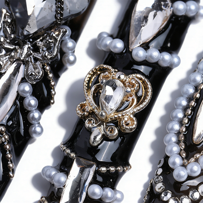Gothic Baroque-Black & Brown Long Square Press-Ons with Pearl Rose & Butterfly Charms