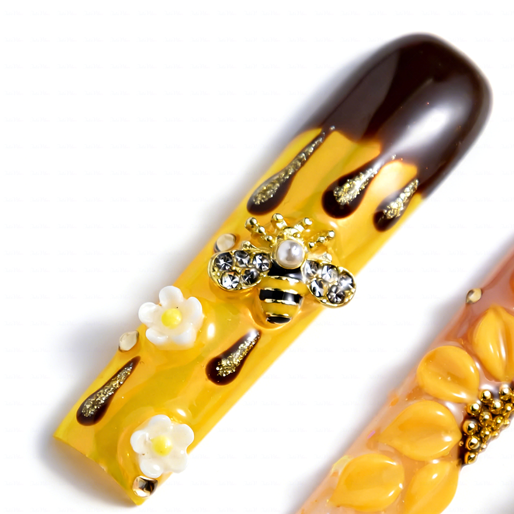 Honey Bee-Bright Yellow Long Square Press-Ons with 3D Bee & Chocolate Drip Accents