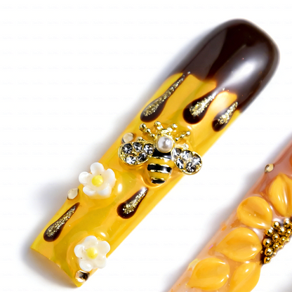 Honey Bee-Bright Yellow Long Square Press-Ons with 3D Bee & Chocolate Drip Accents
