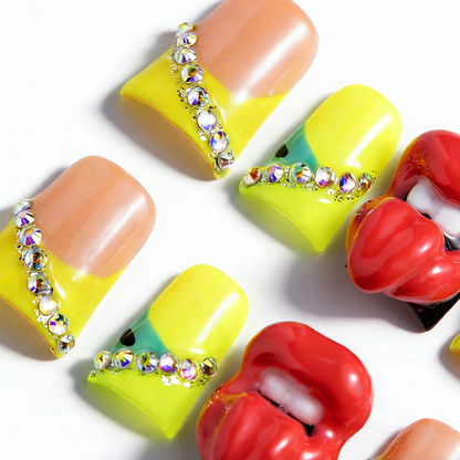 Neon Lip Pop-Neon Yellow Short Duck Press-Ons with 3D Lip & Star Charms