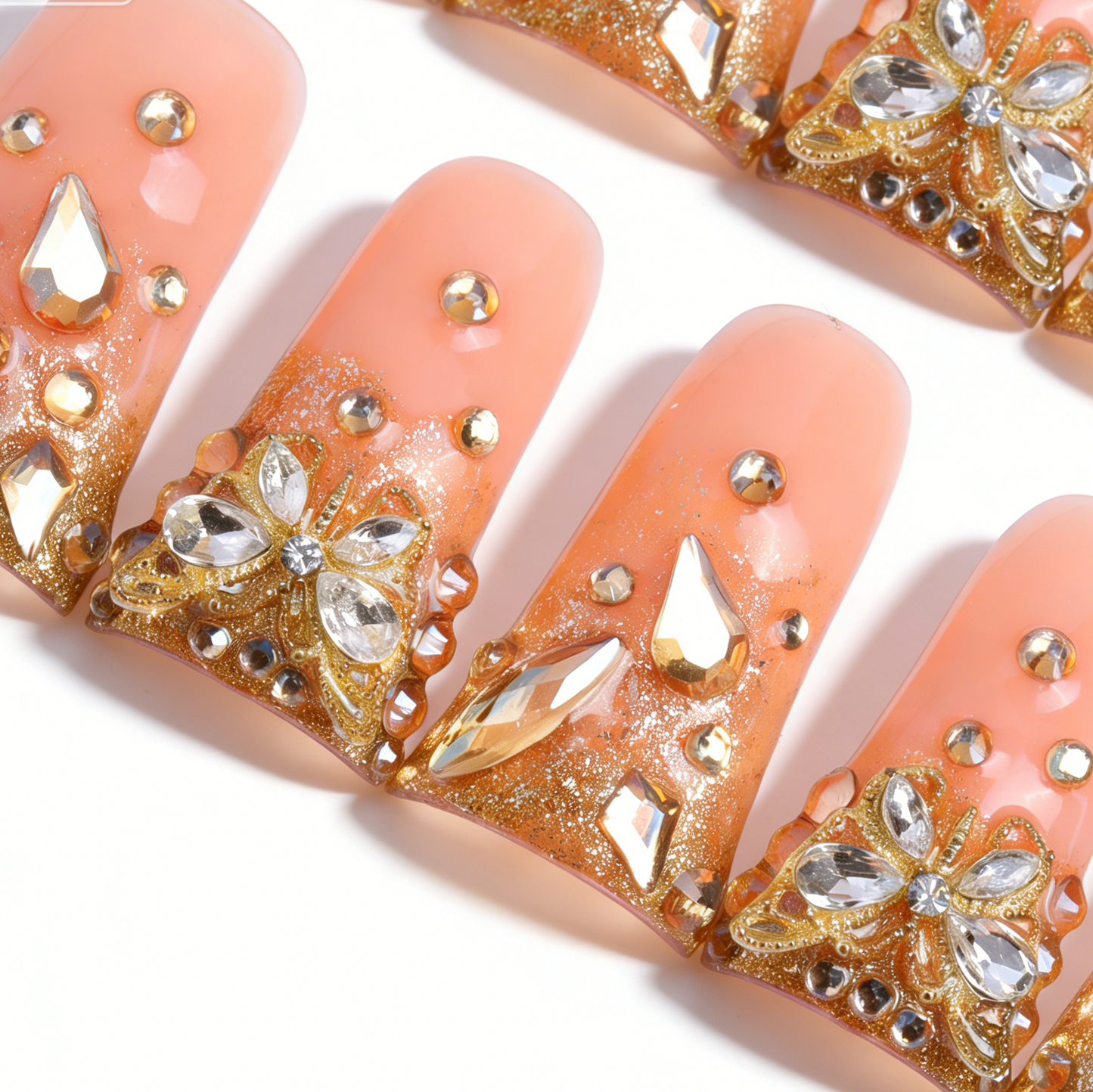 Golden Butterfly – Nude & Gold Long Duck Press-Ons with Butterfly Rhinestone Accents