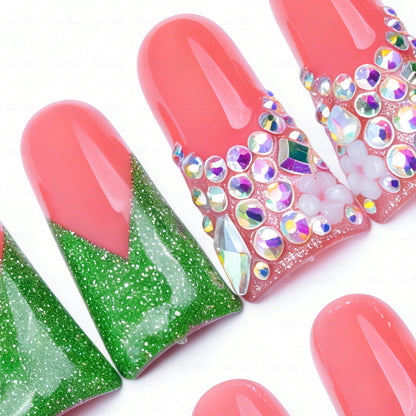 Emerald V French-Nude & Green Long Duck Press-Ons with V-Tip & Iridescent Rhinestone Accents