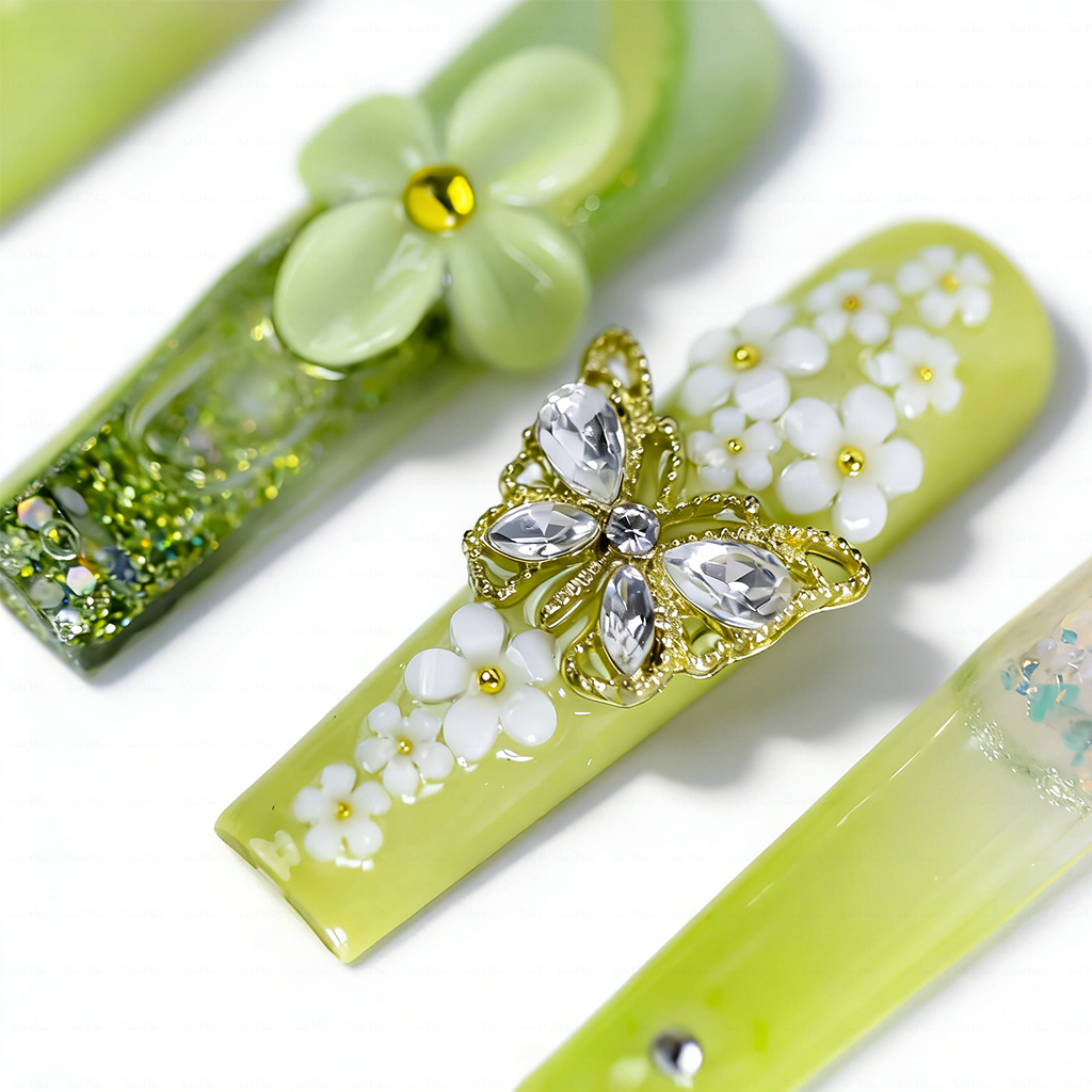 Lime Bloom-Light Green Long Square Water Press-Ons with 3D Floral & Gold Butterfly Charms
