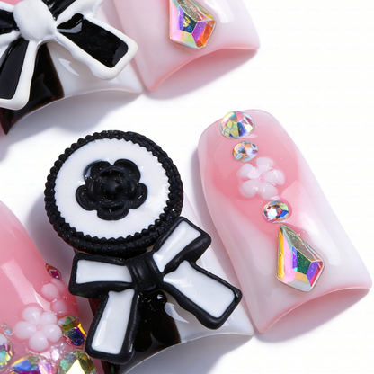 Puppy Princess-Soft Pink Short Duck Press-Ons with 3D Poodle & Camellia Bow Charms