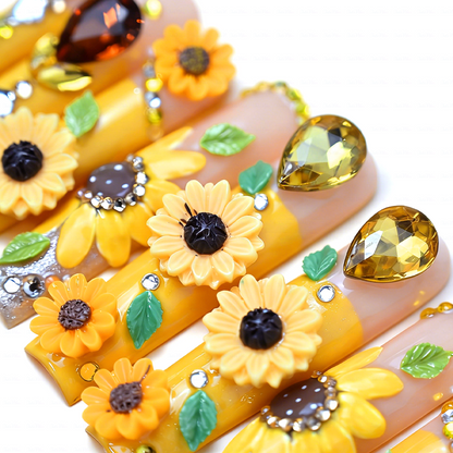 Sunflower Glow-Bright Yellow Long Square Press-Ons with 3D Sunflower & Gem Accents