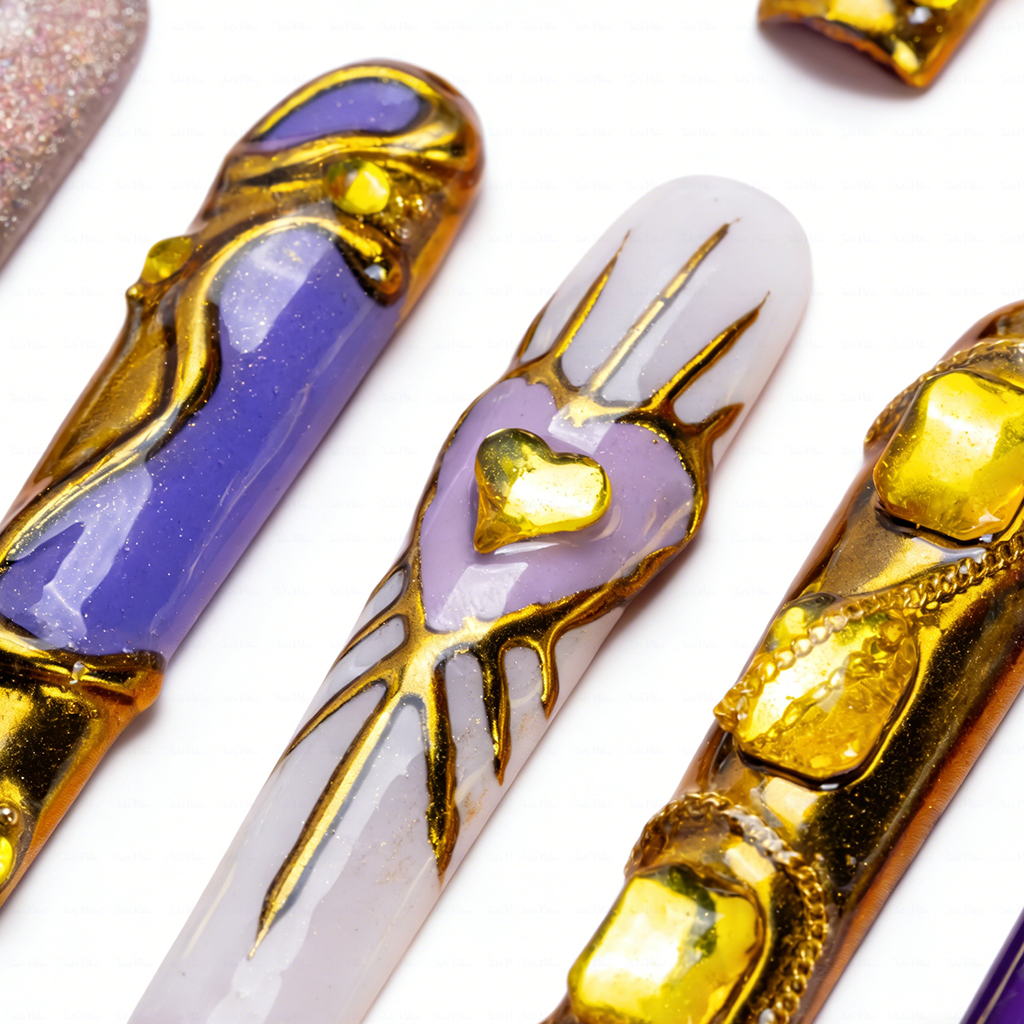 Royal Opulence – Purple & Gold Long Square Press-Ons with 3D Baroque Charms