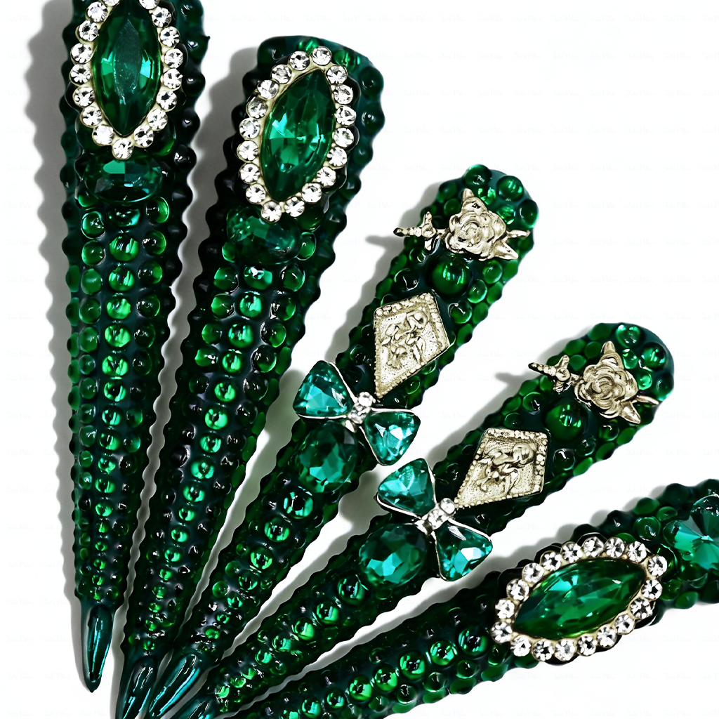 Emerald Bling-Deep Green Extra Long Stiletto Press-Ons with Full Rhinestone Encrusted Design