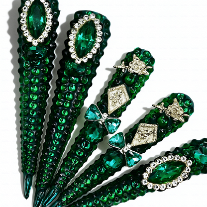 Emerald Bling-Deep Green Extra Long Stiletto Press-Ons with Full Rhinestone Encrusted Design