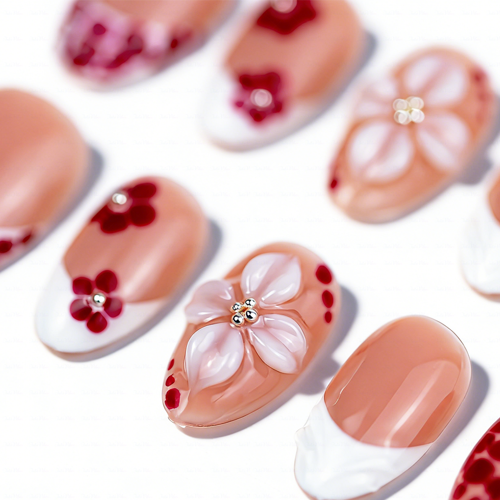 Red Leopard Bloom – Nude Red Short Almond Press-Ons with 3D Floral & Leopard Print Accents
