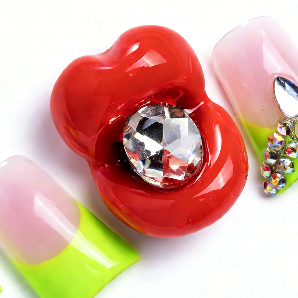 Neon Kiss – Blush Pink & Neon Green Short Duck Press-Ons with 3D Lip & Rhinestone Charms