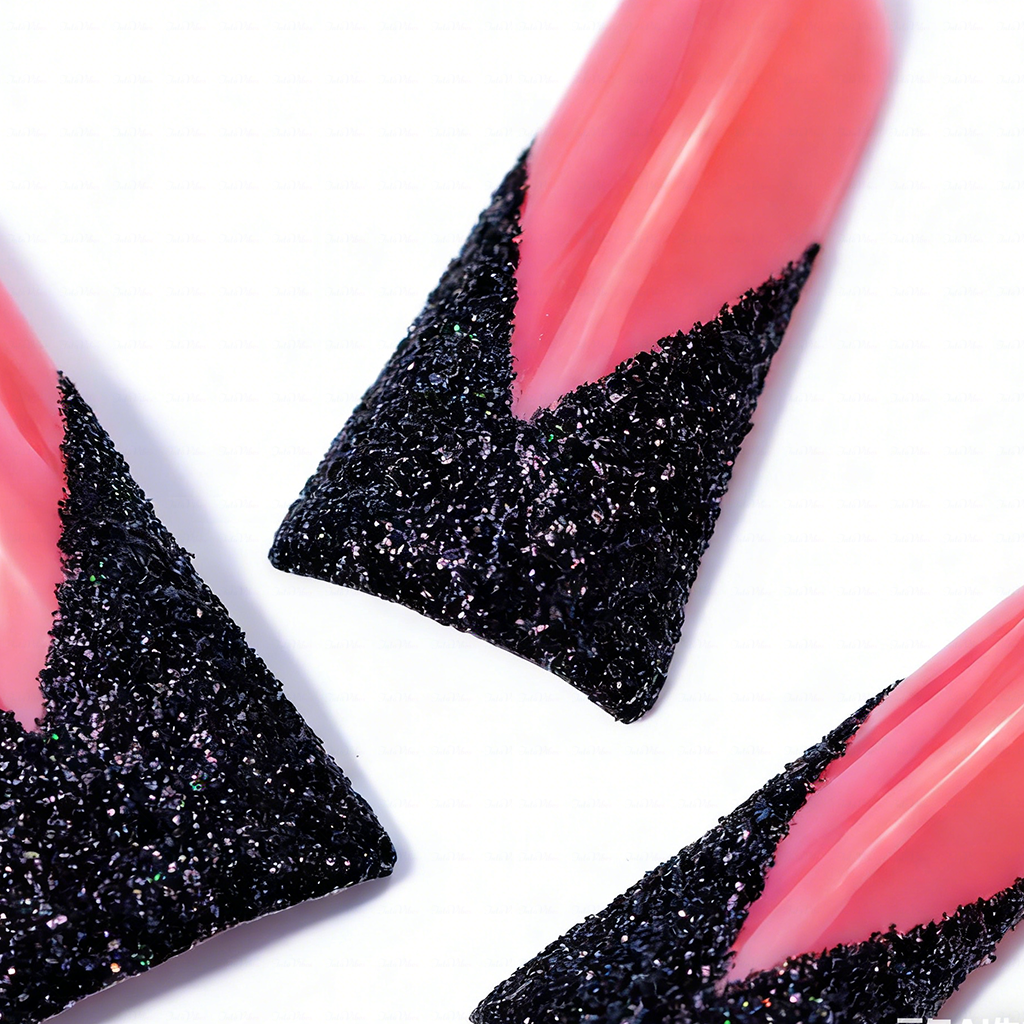 Crimson Noir – Pink & Black Glitter Long Duck Press-Ons with Crystal Accents
