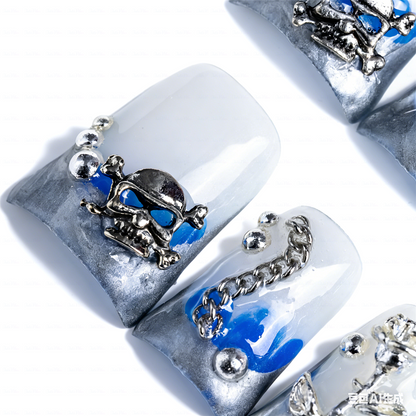 Chrome Vortex – Blue & Silver Short Duck Press-Ons with 3D Chain & Metal Accents
