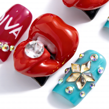 Diva Pout – Bold Multi-Color Short Duck Press-Ons with 3D Lip & Rhinestone Charms