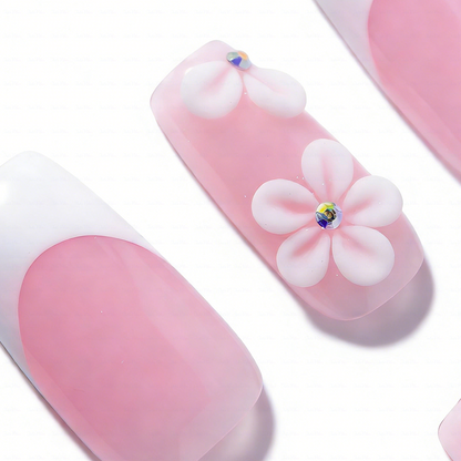 Blush Bloom – Soft Pink Medium Square Press-Ons with French Tips & 3D Floral Accents